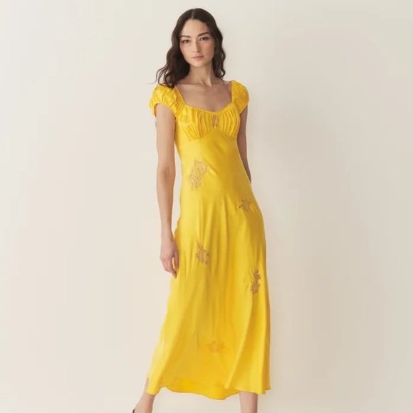 Doen Gwendolyn Silk Lace Short Sleeve Midi Maxi Dress Daylily Yellow Gold - Picture 2 of 15